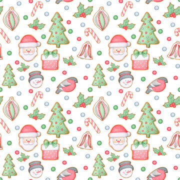 Pattern in pastel shades. Christmas ginger cookies. Santa, Christmas trees, gifts, snowman, bullfinch. The image is hand-drawn and isolated on a white background. Watercolor.