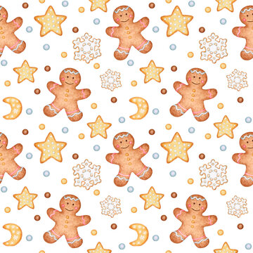 Pattern in pastel shades. Christmas ginger cookies. Gingerbread man, stars, snowflakes, moon. The image is hand-drawn and isolated on a white background. Watercolor.