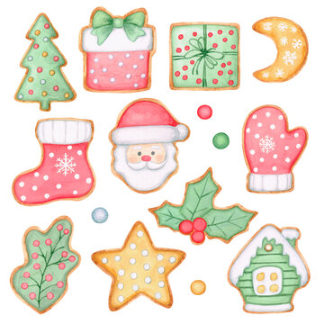 Set in pastel colors. Christmas ginger cookies. Santa, spruce, house, gifts, mittens, asterisk, moon, holly. The image is hand-drawn and isolated on a white background. Watercolor.