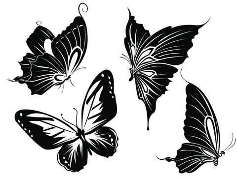 a set of black and white images of the contours of butterflies for the design of banners, postcards, labels and for making stencils and tattooing