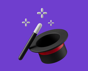 Simple magic wand tool with hat 3d render illustration