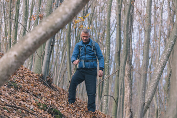 Adult man hiking in forest on cold autumn day. Inexpensive weekend getaway.