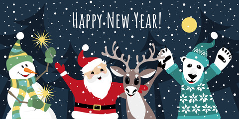 New Year banner with the image of a merry santa claus, deer, bear, snowman. Design elements for banner, flyer, postcard. Graphic image on a blue background.