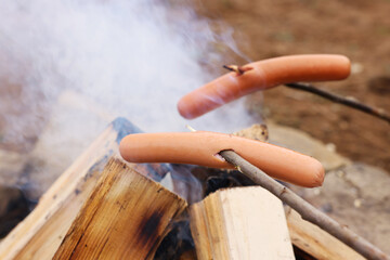 Roasting delicious sausages over campfire outdoors. Camping season