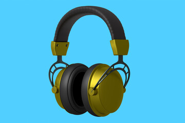 Fototapeta na wymiar 3D rendering of yellow gaming headphones for cloud gaming and streaming on blue