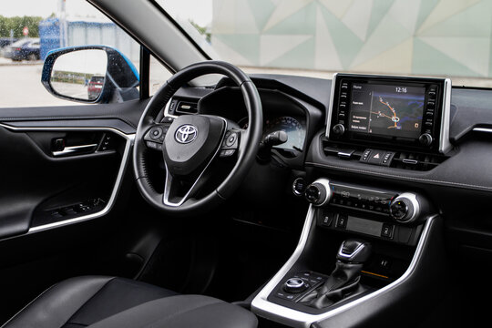MOSCOW, RUSSIA - SEPTEMBER 9, 2021 Toyota RAV4 (XA50), a compact crossover SUV car model year 2021. Interior close up view. Interior details of Toyota RAV4.