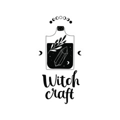 Doodle illustration of a bottle with magic potion, moon phases and calligraphic text - Witch craft. Hand drawn black concept design for card, sticker, print. Vector isolated on white background.