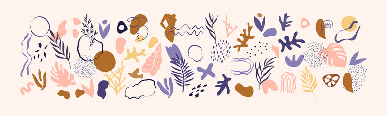 Abstract trendy doodle in organic freehand matisse art style. Hand drawn various Shapes and objects. Contemporary modern icons templates for posters, Social media. Vector