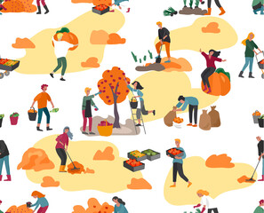 Vector seamless pattern with people gathering crops or seasonal harvest, collecting ripe vegetables, picking fruits and berries, remove leaves. Men, women work on a farm. Cartoon