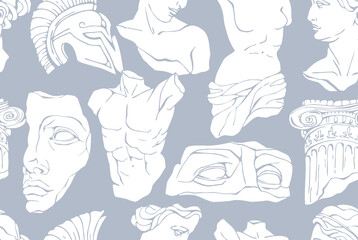 Vector seamless pattern with antique marble statues with broken elements. Greek classic ancient of Venus, amphora. Hand drawn mythical trendy vector © merfin