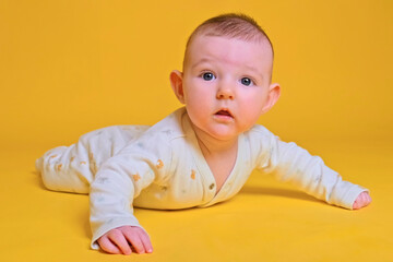 Fototapeta premium Infant baby boy looks with curiosity while lying on his tummy, studio yellow background. Four month old child close up