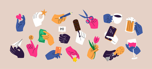 Set of colorful hands holding various stuff. Different operations and gestures. Hand drawn vector illustration