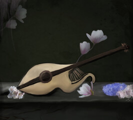 Romantic illustration with a cello and flowers  - 470708059