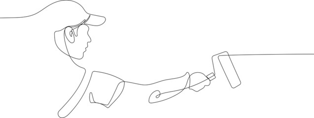 Continuous one line drawing of human hand holds paint brushes with paint can, floor painting, blank space for your text, banner, advertisement or your design minimal outline. Vector illustration