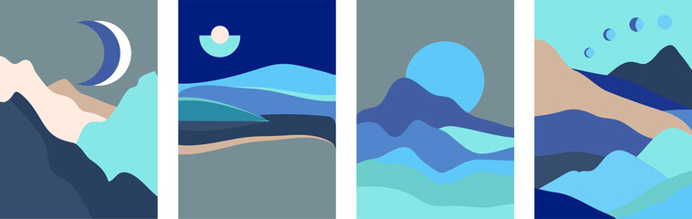 Set of abstract contemporary landscape posters in boho style. Mountain hills view with clouds, sun and moon.Mid century minimalist background for home decoration, wall decor or covers