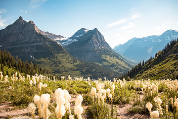 A landscape scenic view of the Rocky Mountain Range of Glacier National Park in Montana. Big blue...