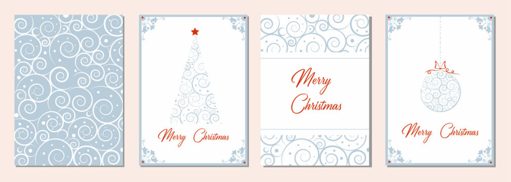 Ornate Corporate Holiday cards with Christmas tree, ball, decorative floral frame, background and copy space. Universal artistic templates. © Alena Abramova