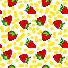 Strawberry and abstract elements seamless pattern on white background. Red berry repeating endless texture. Vegan food surface pattern design. Yummy editable tile. Bright boundless background