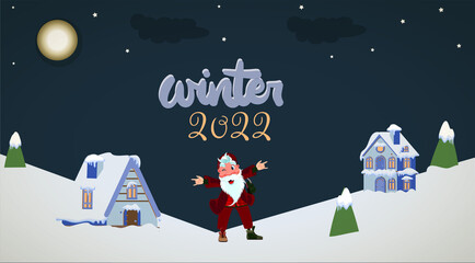 Santa Claus with a big sign. Happy New Year and Merry Christmas! Holiday greeting card 2022. Winter houses and hipster Santa Claus Isolated vector illustration.