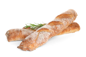 Crispy French baguettes with rosemary on white background. Fresh bread