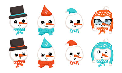 Snowman with happy emotions in cap or hat. Cute character with joyful face in festive costume for New Year and Christmas. Head with set of funny and scared emotions. Vector flat illustration