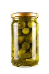 Pickled cucumbers in a glass jar isolated on white background