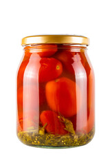 tomatoes canned in a glass jar isolated on white background