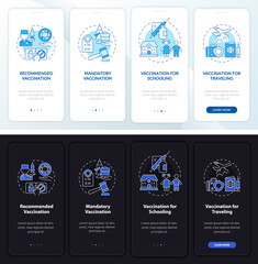 Vaccination types onboarding mobile app page screen. Mandatory vaccine walkthrough 4 steps graphic instructions with concepts. UI, UX, GUI vector template with linear night and day mode illustrations