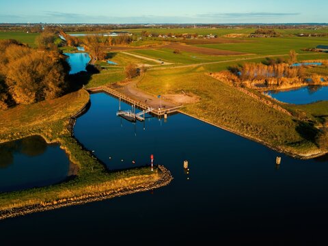 Aerial drone view of the small harbor in the Netherlands, Europe. Shot at the area of the Fort Honswijk.