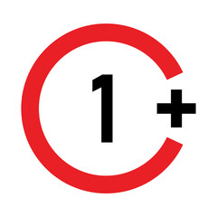 1 plus sign. One. Age restrictions, censorship and parental control. Icon for content, movies, food, juice and toys.
