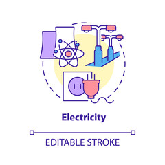 Electricity concept icon. Nuclear energy usage abstract idea thin line illustration. Uranium atoms splitting. Renewable energy resource. Vector isolated outline color drawing. Editable stroke