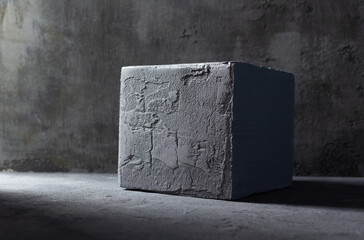 Concrete cube at abstract cement background texture. Art or construction idea