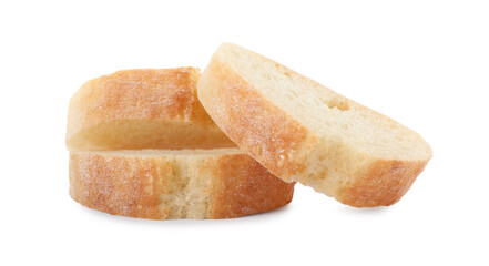 Slices of fresh baguette on white background