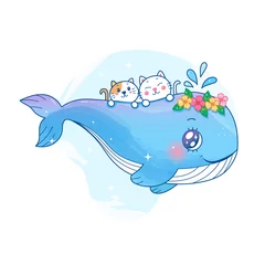 Kussenhoes cute whale and cats cartoon with water color. © Knocknack