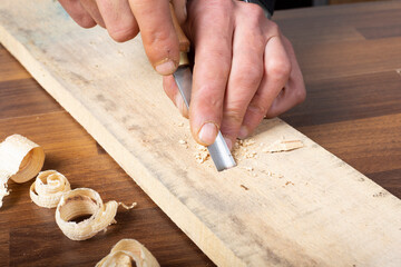 Professional carpenter at work, he is carving wood with woodworking tool