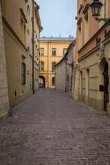 Empty street in the old town of Krakow in the morning.
