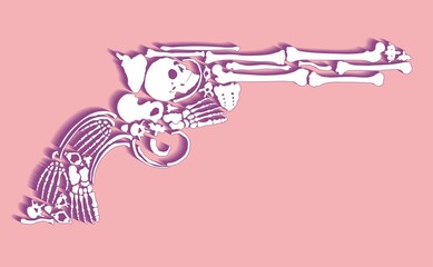 Colt revolver, cowboy gun. Creepy Guns Made from Bones. Human bones laid out in the shape of a gun. T-shirt print design.