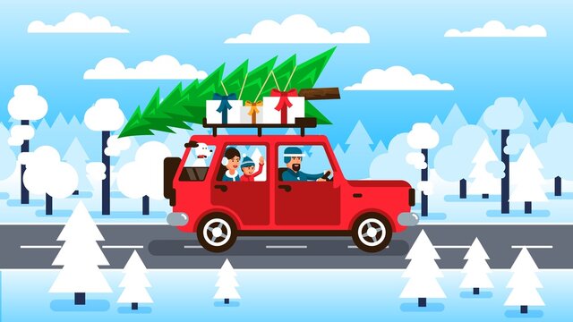 Family car with Christmas tree on roof rack. Family is going to the Christmas holidays. Vector illustration.