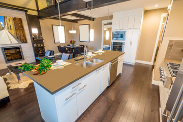 Modern, bright, clean, kitchen interior with stainless steel appliances in a luxury house