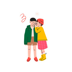 Two kids standing together and whispering secrets. Children in trendy casual clothes. Different outfit. Cool fashion look. Hand drawn Vector isolated illustration. Happy Youth, childhood concept