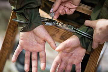 A guard unlocks the handcuffs of an accused soldier with a small key.