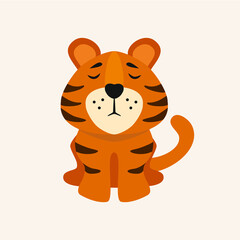 Cute cartoon striped tiger. Happy chinese New Year 2022 and Merry Christmas. Printing for children's T-shirts, greeting cards, posters. Vector illustration