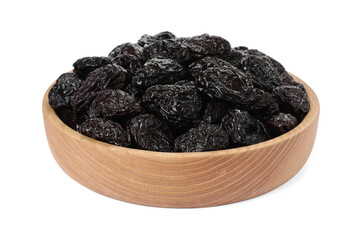 Bowl with sweet dried prunes isolated on white
