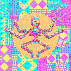 Minimalistic stylized collage art. 3d funny character Shiva Skull in meditation creative space