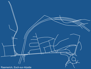 Detailed technical drawing navigation urban street roads map on blue background of the district Raemerich Quarter of the Luxembourgish regional capital city of Esch-sur-Alzette, Luxembourg