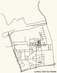Detailed navigation urban street roads map on vintage beige background of the district Lankelz Quarter of the Luxembourgish regional capital city of Esch-sur-Alzette, Luxembourg