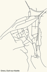 Detailed navigation urban street roads map on vintage beige background of the district Grenz Quarter of the Luxembourgish regional capital city of Esch-sur-Alzette, Luxembourg