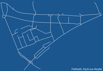 Detailed technical drawing navigation urban street roads map on blue background of the district Fettmeth Quarter of the Luxembourgish regional capital city of Esch-sur-Alzette, Luxembourg
