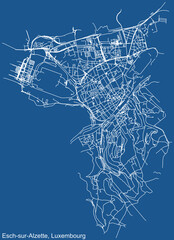 Detailed technical drawing navigation urban street roads map on blue background of Luxembourgish regional capital city of Esch-sur-Alzette, Luxembourg