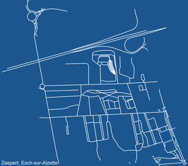 Detailed technical drawing navigation urban street roads map on blue background of the district Zaepert Quarter of the Luxembourgish regional capital city of Esch-sur-Alzette, Luxembourg
